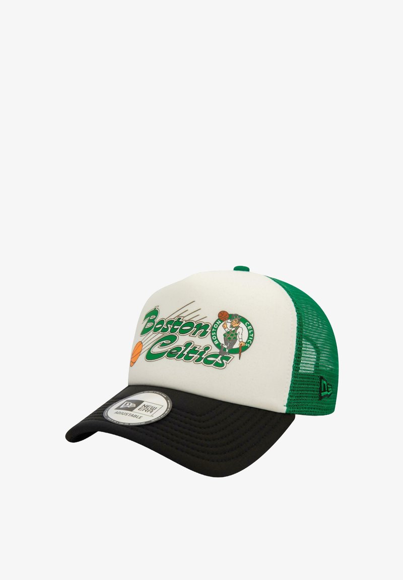 Green and white Boston Celtics cap with a black brim. Features logo graphic, mesh panels, adjustable strap, and flat bill design.