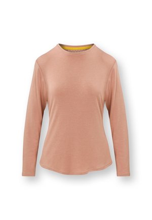 Long-sleeve top in soft, pink fabric with a round neck. Features a yellow inner collar and a slightly curved hem for a relaxed fit.