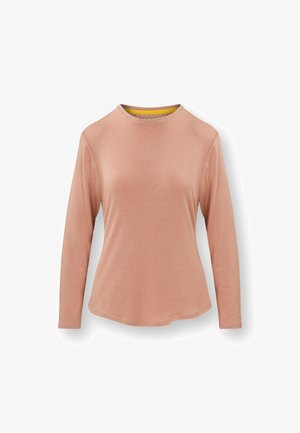Long-sleeve top in soft, pink fabric with a round neck. Features a yellow inner collar and a slightly curved hem for a relaxed fit.