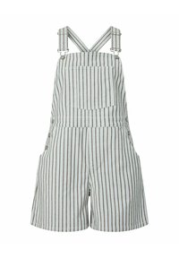 Λευκή και γκρι κοντή σαλοπέτα με κάθετες ρίγες, μπροστινή τσέπη, ρυθμιζόμενες τιράντες και κουμπιά στο πλάι στη μέση.