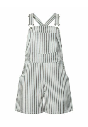 Krátky overal s bielo-sivými vertikálnymi pruhmi, predným vreckom, nastaviteľnými ramennými popruhmi a bočnými gombíkmi v páse.