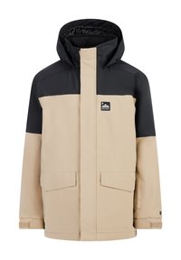 Beige und schwarze wasserdichte Jacke mit Kapuze; verfügt über zwei Fronttaschen, einen zentralen Reißverschluss und ein Logo-Patch auf der linken Brust.