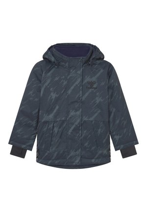 Mörkgrå huva-jacka med ett geometriskt mönster, två framfickor och elastiska muddarna. Logotypen visas på övre vänstra sidan.