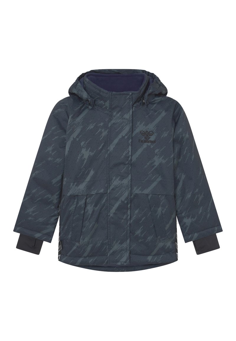 Dark gray hooded jacket with a geometric pattern, two front pockets, and elastic cuffs. Logo displayed on the upper left side.