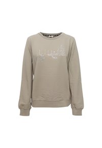 Felpa beige chiaro con maniche lunghe, scollatura rotonda e design di foglia ricamato scintillante sul davanti. Materiale in cotone morbido.