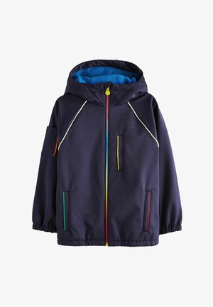 Giacca blu navy con cappuccio, caratterizzata da cerniere di colori vivaci, polsini elasticizzati e numerose tasche con zip. Realizzata in un materiale morbido e leggero.