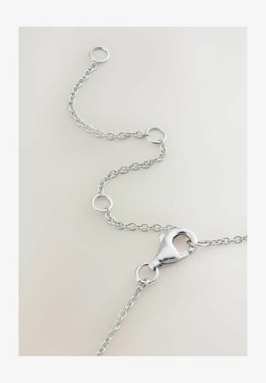 Hõbedane metallkett, millel on omavahel ühendatud lingid, vähkkreeklukk ja ümmargused rõngad kinnitamiseks. Sile pind, minimalistlik disain.