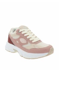 Sneaker atletico di colore rosa chiaro e crema, realizzato con materiali in rete e camoscio, dotato di lacci tondi, suola imbottita e dettaglio del logo sul lato.