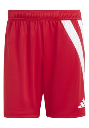 Rote Sportshorts aus leichtem Material. Mit einem weißen diagonalen Streifenmuster und einem elastischen Bund für zusätzlichen Komfort.