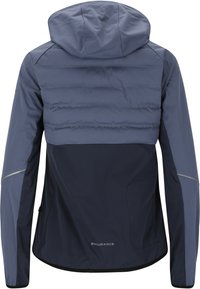 Hættejakke i mørkeblå og lyseblå, med en puffer-design på den øvre ryg, reflekterende detaljer og en sidelomme.