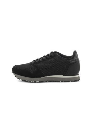 Black athletic shoe featuring a combination of mesh and suede materials, a textured back, and a speckled rubber sole.