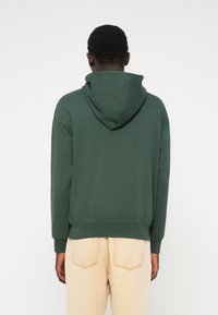 Πράσινο βαμβακερό φούτερ με κουκούλα και κορδόνι, ριμπ μανσέτες και στρίφωμα. Η υφή του υφάσματος δείχνει φθορά. Πίσω όψη με φωτειν�ά παντελόνια.