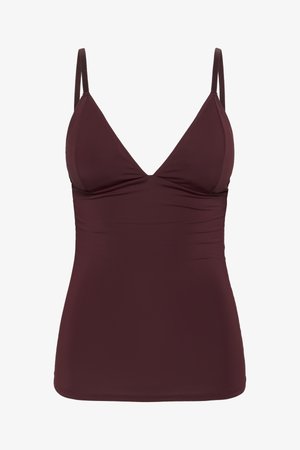 Débardeur bordeaux avec un décolleté en V profond, des bretelles réglables et des détails froncés à l'avant. Fabriqué en tissu lisse et extensible.