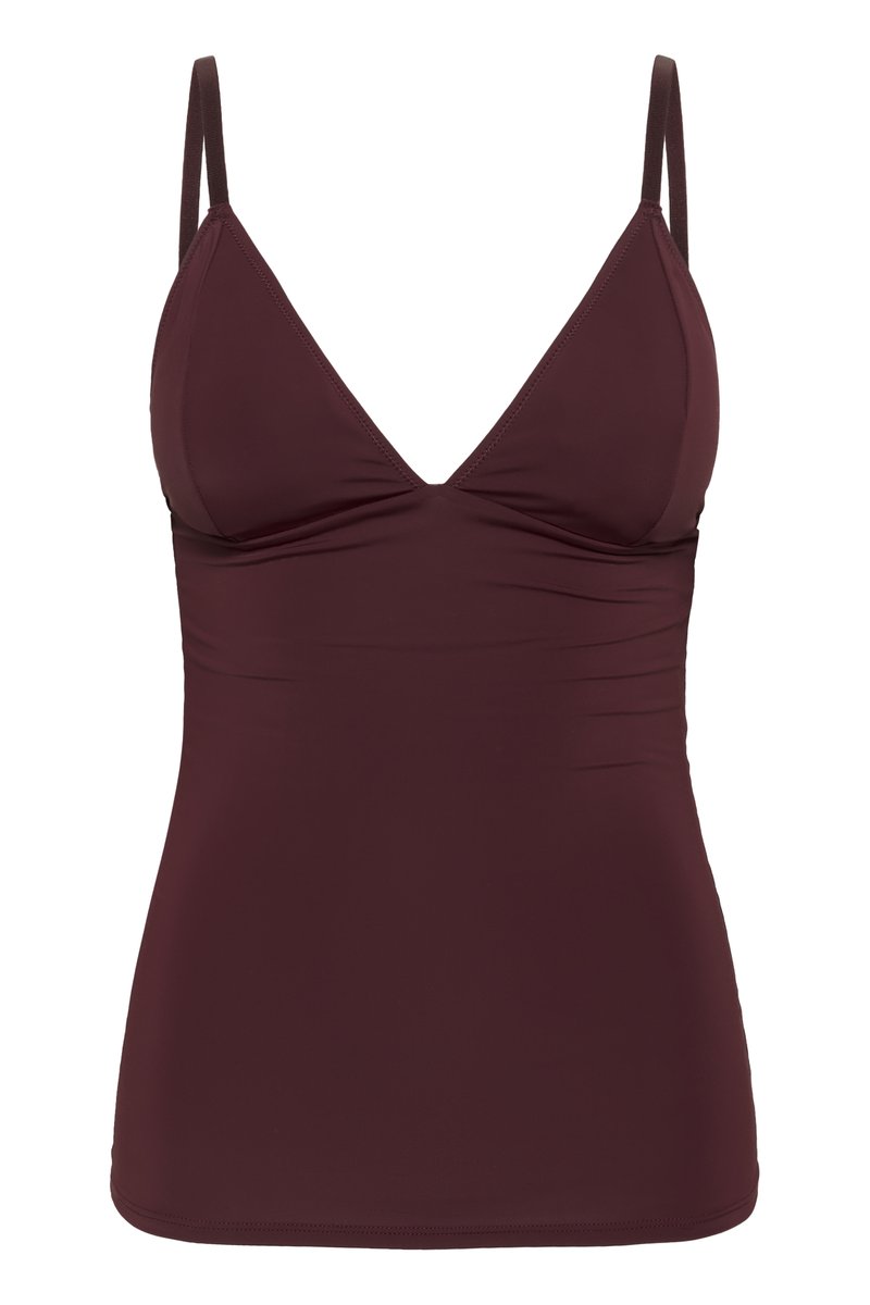 Bordeaux tanktop met een diepe V-hals, verstelbare bandjes en geplooide details aan de voorkant. Gemaakt van een soepele, rekbare stof.