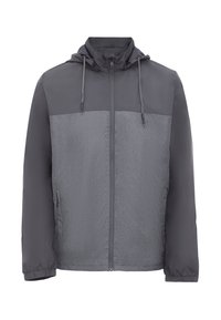 Grijze hoodie met een contrasterend lichtergrijs paneel, ritssluiting aan de voorkant, elastische manchetten en een verstelbaar trekkoord in de capuchon.
