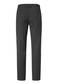 Dark gray trousers made of textured fabric. Features a straight fit, two back pockets, and a black leather tag on the waistband.