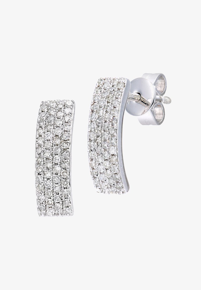 Sidabriniai auskarai su išlenktu dizainu, dekoruoti keliais mažais skaidriais kristalais, kurie suteikia blizgesio efektą.