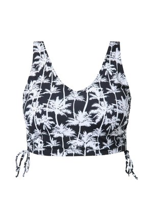 Top de bikini de corte crop en blanco y negro con estampado de palmeras, escote redondo, lazos laterales ajustables y textura de tela suave y elástica.