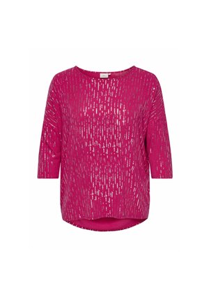 Fuchsia top met driekwart mouwen, met een textuurpatroon van verticale metalen strepen, licht gebogen zoom. Zacht stofmateriaal.