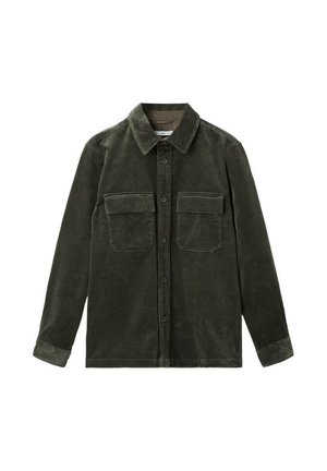 Camicia a maniche lunghe in corduroy verde scuro con bottoni sul davanti e due tasche a soffietto sul petto.