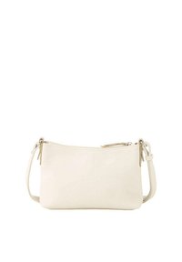 Krémově zbarvená kožená crossbody taška s hladkým povrchem, zipovým uzávěrem a nastavitelným popruhem. Minimalistický design bez viditelných vzorů.