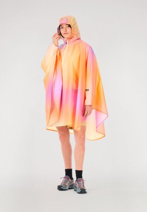 Waterproof poncho in gradient orange to pink, with a hood and zipper, featuring a loose design and smooth, lightweight material.