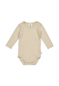 Body a maniche lunghe rigato color beige chiaro con scollo rotondo e chiusure a scatto all'inguine per un facile cambio.