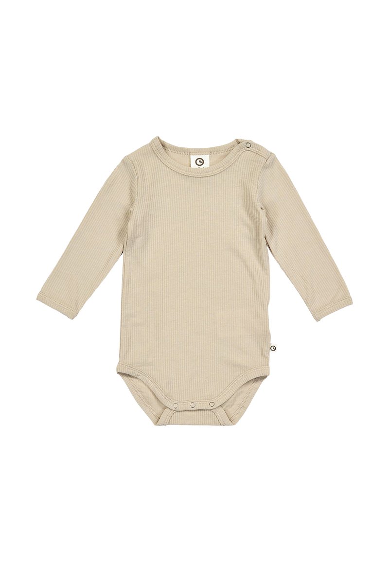 Body a maniche lunghe rigato color beige chiaro con scollo rotondo e chiusure a scatto all'inguine per un facile cambio.