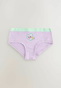 Slip di cotone lilla con una cintura verde chiaro. Presenta una grafica a forma di cuore con volti di cartoni animati sul davanti. Tessuto morbido.
