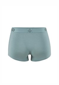 Sous-vêtement féminin style boyshort bleu clair avec ceinture élastique de marque sur fond blanc.