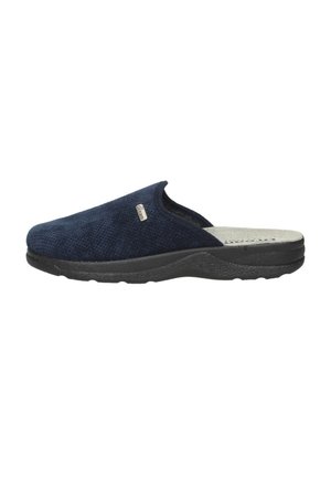Navy blue slip-on slipper with textured fabric upper, cushioned gray insole, and black rubber sole, designed for indoor comfort.
