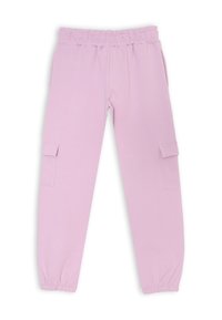 Pantaloni jogger viola chiaro realizzati in tessuto morbido, con vita elastica, tasche laterali e polsini a costine. Presentano un dettaglio della tasca cargo.