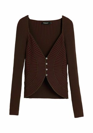 Brązowy prążkowany kardigan z długim rękawem o dopasowanym kroju, głębokim dekoltem w kształcie litery V oraz trzema srebrnymi guzikami na przodzie.