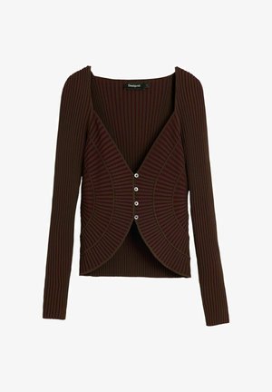 Cardigan maro cu mânecă lungă, cu dungi, de croială mulată, decolteu adânc în V și trei nasturi argintii în față.