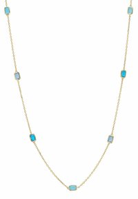 Gold chain necklace featuring multiple rectangular blue stones, alternating in shades and positioned evenly along the length.
