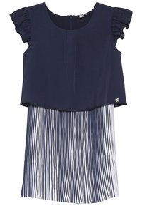 Námořnická modrá šaty s krátkými volánovými rukávy, s pevným topem a bílou vertikálně pruhovanou skládací sukní. Zapínání na zip vzadu.