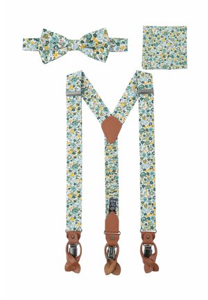 Floral-patterned suspenders with adjustable brown leather accents, matching bow tie, and pocket square, featuring yellow, blue, and green colors.