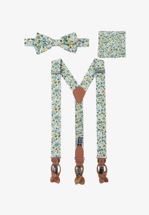 Blumenmuster-Hosenträger mit verstellbaren braunen Lederakzenten, passendem Fliegenband und Einstecktuch in den Farben Gelb, Blau und Grün.