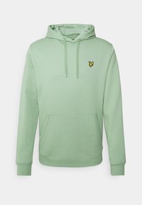 Měkká mikina mintové barvy vyrobená z bavlněné směsi, která má přední klokankovou kapsu, kapuci se stahovací šňůrkou a malé žluté logo na hrudi.