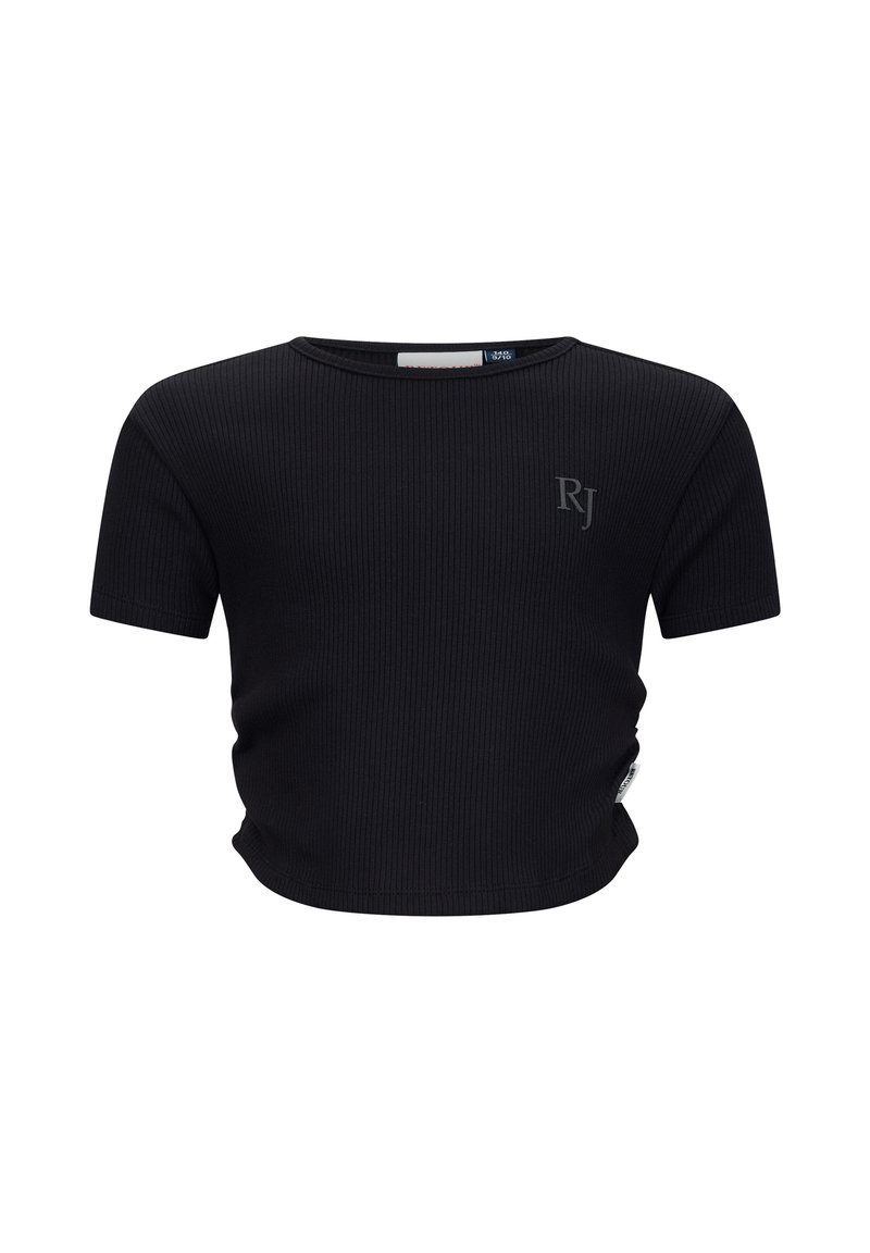 T-shirt nera cropped realizzata in tessuto a costine, con maniche corte e scollatura rotonda. Presenta un sottile logo "RJ" sul lato frontale.
