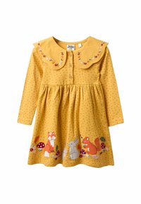Gelbes langärmliges Kleid mit Punkten, großem Kragen, Knopfleiste und gestickten Waldtieren am Saum, mit Blumen und Pilzen.