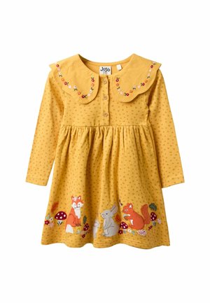 Gelbes langärmliges Kleid mit Punkten, großem Kragen, Knopfleiste und gestickten Waldtieren am Saum, mit Blumen und Pilzen.