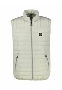 Lekka kamizelka bez rękawów w jasnobeżowym kolorze. Posiada pikowany wzór, wysoki kołnierz, przedni zamek błyskawiczny oraz dwie boczne kieszenie z czarnymi akcentami.