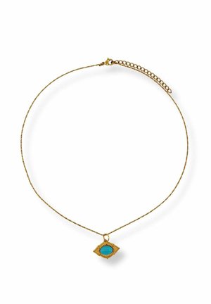 Delicate gold chain necklace with an eye-shaped turquoise stone pendant and adjustable clasp on a white background.