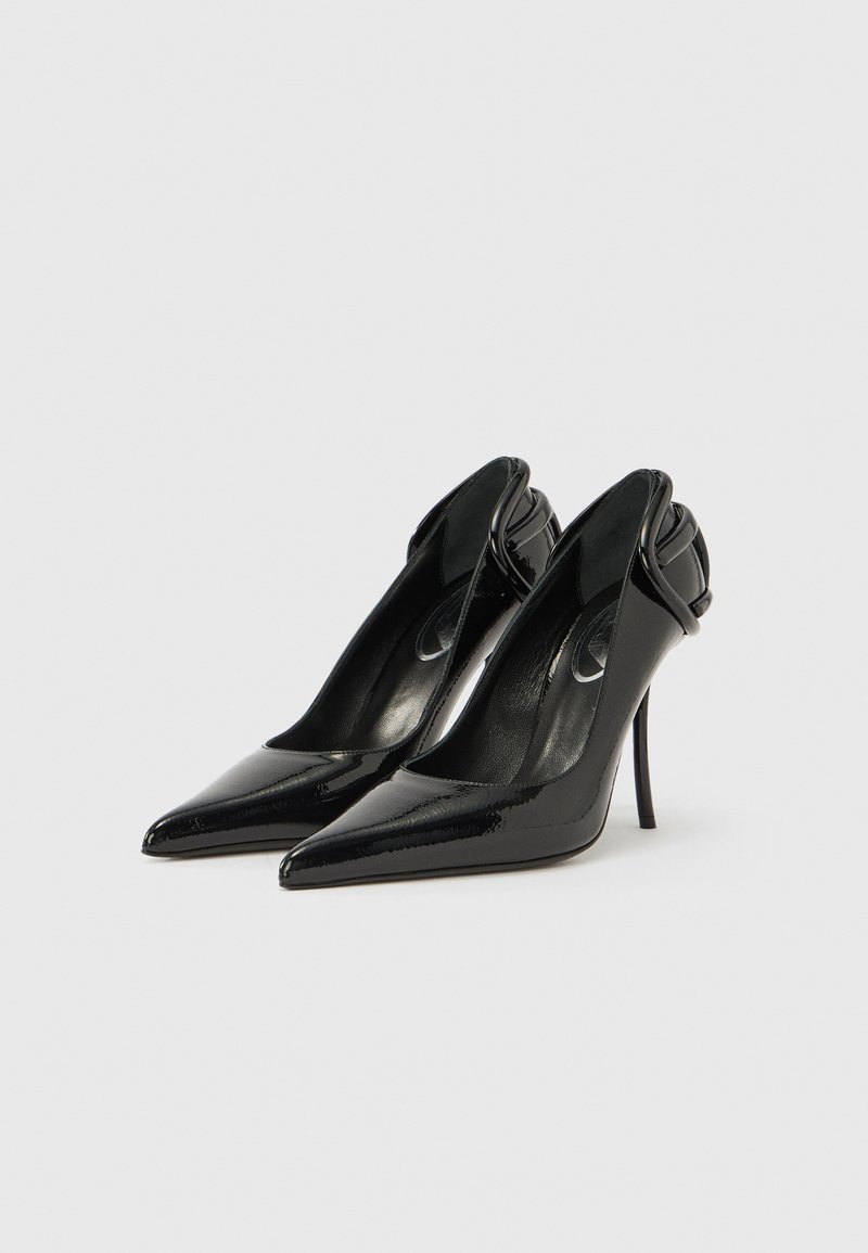 Black patent leather high heel shoes with pointed toes, open back design, and a slender stiletto heel. Smooth texture with minimal accents.