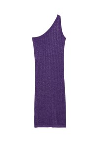 Abito viola a spalla unica con una silhouette aderente e un tessuto strutturato e brillante.