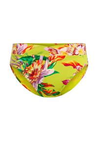 Světlé žluté bikini kalhotky s velkými růžovými a červenými květinovými vzory, vyrobené z pružného materiálu s hladkým povrchem.