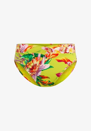 Felle gele bikini onderkant met grote roze en rode bloempatronen, gemaakt van rekbaar materiaal met een gladde textuur.