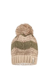Knit hat in beige and olive green with a ribbed brim and a fluffy pom-pom on top. Features a zigzag pattern and a soft lining.