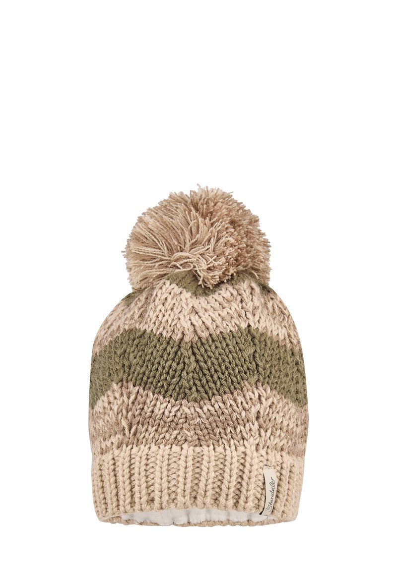 Knit hat in beige and olive green with a ribbed brim and a fluffy pom-pom on top. Features a zigzag pattern and a soft lining.